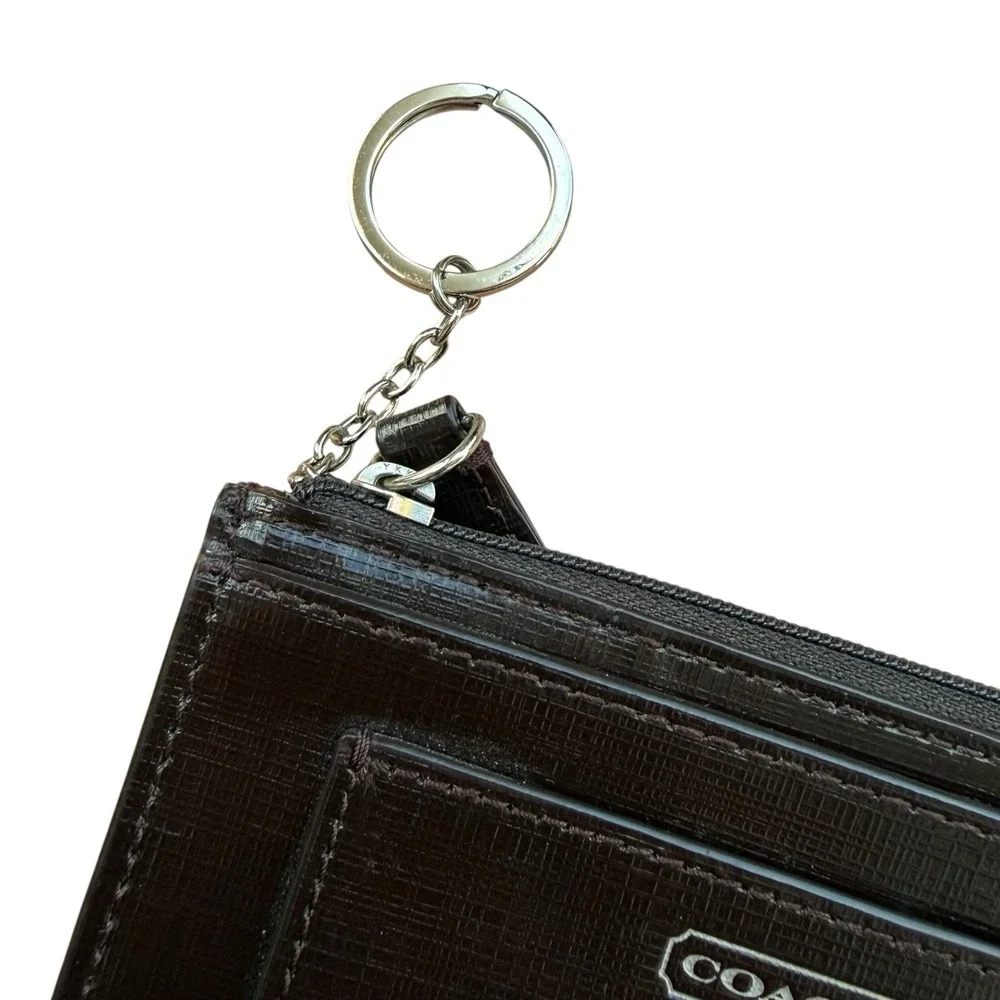 Coach Brown Textured Leather Zip Coin Purse Card Holder Keychain Wallet